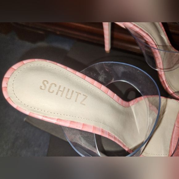 SCHUTZ PINK REPTILE LEATHER & LUCITE DOUBLE STRAP SLIDE SANDALS 10 NEW - Picture 3 of 12